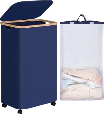 Image de Panier à linge sur roulettes 100 litres - Gris, Panier pliable avec couvercle et sac amovible