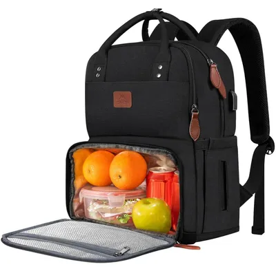 Productafbeelding van Lunchrugzak met koelvak voor heren en dames, rugzak voor laptops tot 15,6 inch, USB-oplaadpoort, waterdicht, zwart