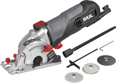 A SKIL brand compact circular saw and its accessories are displayed on a white background.