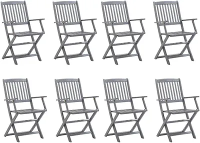 Produktbild von 8 klappbare Gartenstühle aus massivem Akazienholz mit Sitzkissen, grau lasiert, bis 110 kg belastbar, platzsparend für Terrasse und Hof