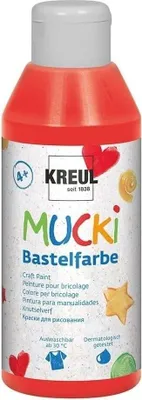 Produktbild von KREUL 24205 - Mucki Bastelfarbe für Kinder, 250 ml in rot, Kindermalfarbe auf Wasserbasis, parabenfrei, glutenfrei, laktosefrei und vegan, auswaschbar, vermalbar mit Pinsel und Schwamm