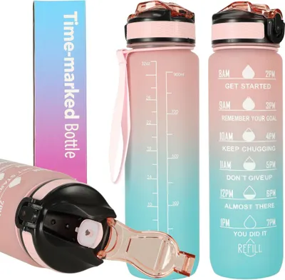 A set of time-marked water bottles with motivational text.