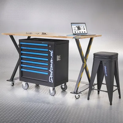 Produktbild von Industrielle Werkbank 160 cm, Werkstatthocker und Werkzeugwagen