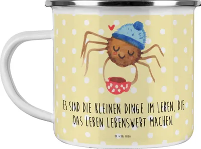 Produktbild von Mr. & Mrs. Panda Pott Spinne Agathe Kaffee - Gelb Pastell - Geschenk, Weiser Spruch, Morgen, Emaille Becher, Haferl, Tasse, Morgenmuffel, Lebensweisheiten, Campingbecher