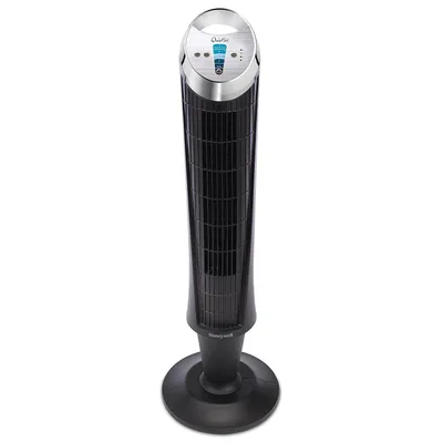 A black Honeywell tower fan is shown against a white background.