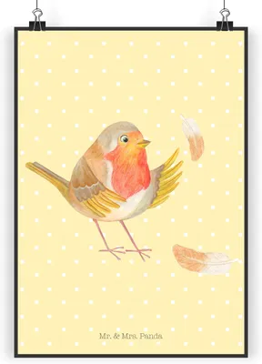 Produktbild von Mr. & Mrs. Panda Bild Rotkehlchen Federn DIN A3 - Gelb Pastell - Geschenk, Motivation Sprüche, Kunstdruck, fliegen, Spruch Mut, wanddeko, Lustige, Wandbild, drucke, Vogel
