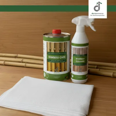 Produktbild von Bambus Zaun Pflegeset mit Bamboo Care Pflegeöl, Bamboo Cleaner Reinigungsspray und 5 Pflegetüchern für den Außenbereich