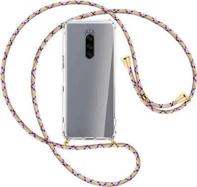Produktbild von Handykette Backcover-Schutzhülle mit Band (Metall goldfarben) für Sony Xperia 1 - rosa Karo