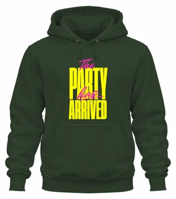 Productafbeelding van Het feest is begonnen! Grappige opdruk. Neon feestoutfit hoodie, capuchontrui, flessen groen, maat 3XL