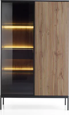 Image de Vitrine-commode BETTSO avec 8 étagères en verre, façades rainurées et éclairage LED, modèle SENTINO 104, chêne noir graphite Wotan