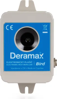 A close-up studio shot of a Deramax-Bird electronic pest repeller.