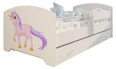 Obrázok produktu pre Detská posteľ 80x160 cm s matracom a zásuvkou, ochranou proti vypadnutiu a lamelovým roštom v bielej farbe s motívom jednorožca Kompletná posteľ pre mladých Jednolôžková posteľ Drevo
