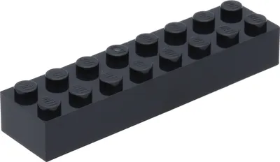 A single black LEGO brick with 2x8 studs is shown against a white background.