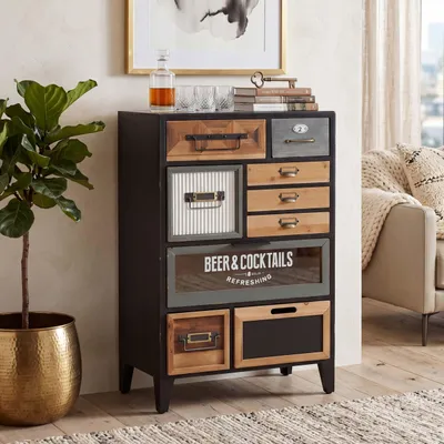Obrázek produktu pro Lékárnická komoda HWC-Q25 s oboustrannými čely zásuvek, komoda ve stylu vintage/shabby, dřevo a kov, 95 x 58 x 32 cm