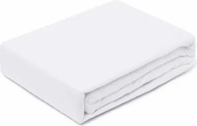 A folded white fitted sheet is shown on a white background.