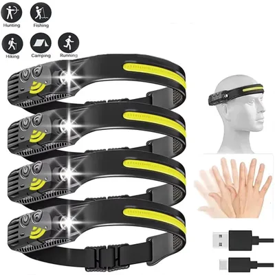 Image de 4PCS. Lampe frontale LED, Projecteur à capteur USB rechargeable COB Lampe de tête, IPX4 étanche, Noir
