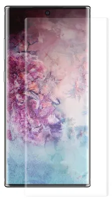 A clear screen protector for a smartphone is shown against a white background.