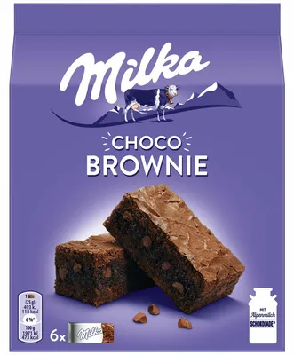 Produktbild von Milka Choco Brownie, Keks, Schokolade, 150 g, Kann Nüsse und Sesamsamen enthalten. Trocken lagern und vor Wärme schützen. Hitze und..., Kuchen mit Schokolade (9,6%), Alpenmilchschokolade (5,5%), Milchschokolade (2,3%) und..., 473 kcal