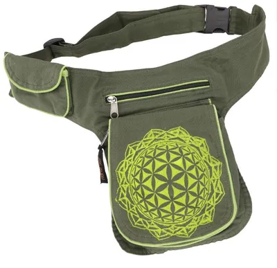 Produktbild von Stoff Sidebag & Hüfttasche `Flower of Life`, Boho Gürteltasche, Bauchtasche aus Nepal - Olivgrün, Uni - Erwachsene, Baumwolle, 25*20*4 cm, Festival- Bauchtasche Hippie