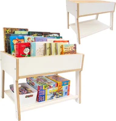 A white wooden children's bookshelf filled with colorful books and puzzles.