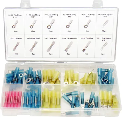 Produktbild von 75 x Kabelschuhe-Sortiment Schrumpfverbinder Quetschverbinder ROT BLAU GELB