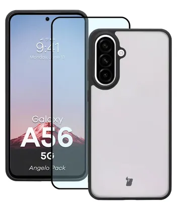 Produktbild von Schutzhülle + gehärtetem Glas Bizon Angelo Pack für Galaxy A56 5G, Getönte mit schwarzem Rahmen