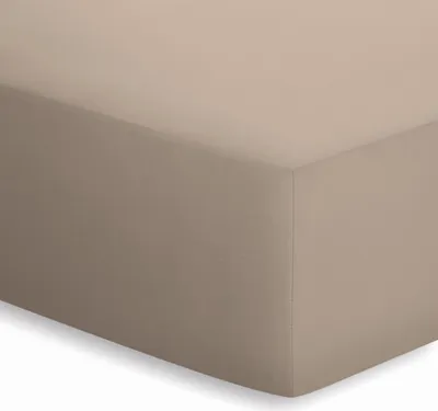A close-up view of a taupe fitted sheet.