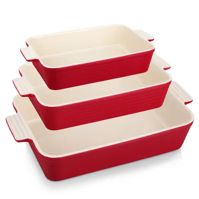 Image de MALACASA, ensemble de moules en porcelaine, 3 pièces : moule à gâteau, moule à pain, plat à gratin, plat de cuisson, couleur rouge