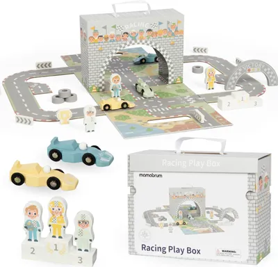 Produktbild von Rennbahn-Spielset aus Holz im Magnetkoffer – Fahrzeuge & Straßenzubehör