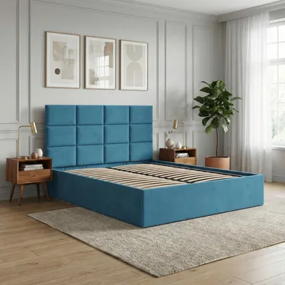 Produktbild von Polsterbett 140x200 cm mit Lattenrost, stabiles Doppelbett mit dekorativem Kopfteil, ohne Bettkasten, Samt, Blau, Meeresfarbe, YORK 140 x 200