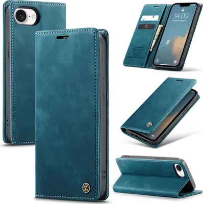 Produktbild von Hülle für iPhone 16e/iPhone 17e Retro Kunstledertasche mit Standfunktion Schutzhülle Blau