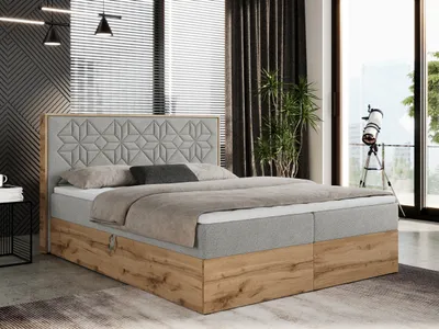 Produktbild von Boxspringbett 120x200 mit Bettkasten, Polsterbett 120x200 mit Matratze H4, Boxspringbett 120x200 mit Kopfteil, Boxspringbett mit Massivholz - Nessi - Hellgrau Struktur - H4