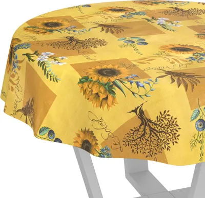 Immagine prodotto di Tovaglia idrorepellente e lavabile, gialla, rotonda, 120 cm, in tela cerata rustica con motivo girasole, per tavolo da giardino