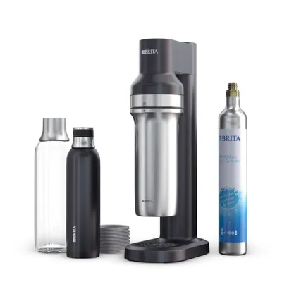 A set of Brita water carbonation products, including a soda maker, two bottles, and a CO2 cylinder, displayed against a white background.