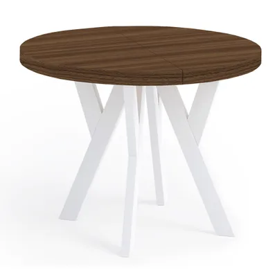 Produktbild von Runder Ausziehbarer Tisch für Esszimmer, PERO mit einem Ring-Gestell, Loft-Stil, Durchmesser: 90 / 140 cm, Farbe: Franklin Nuss / Weiß