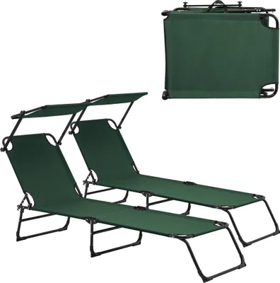 Produktbild von [casa.pro] Sonnenliege [2er Set] klappbar 190cm dunkelgrün mit Dach Relaxliege Stahl