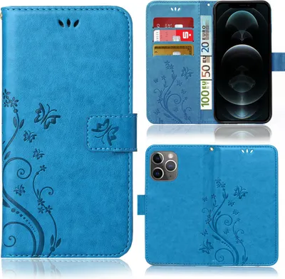 A collage of images showing a blue flip phone case with a floral and butterfly design, including a view of the inside with card slots and a phone inserted.