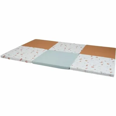 A play mat made of interlocking square pieces with different patterns and colors.
