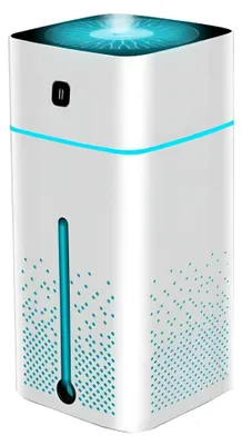 A white humidifier with blue accents and light.