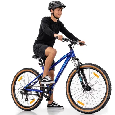 Image de VTT 27,5 pouces, Shimano 7 vitesses, suspension, freins à disque, béquille, cadre M, roues 17 pouces, Verdant Shred bleu