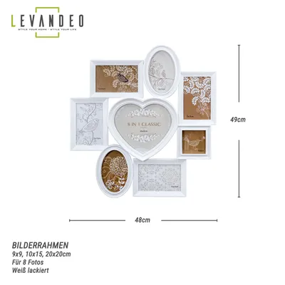 A white collage photo frame with multiple openings for pictures, arranged in a heart shape and other geometric forms. The frame is displayed against a white background, with dimensions indicated.
