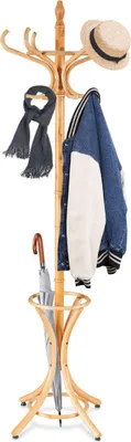 Produktbild von Garderobenstaender mit Schirmstaender, Kleiderstaender Holz mit 12 Kleiderhaken, Garderobe holz Kleiderbaum freistehend, Standgarderobe für Flur Wohnzimmer (natur)