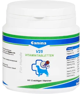 Produktbild von Canina V25, Hund, Tablet, Allgemeiner Gesundheitszustand, Universal, Vitamin A, Vitamin B, Vitamin C, Vitamin D, Vitamin E, Vitamin H (Biotin), 100 g