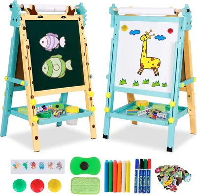 Produktbild von Holz-Schreibtafel für Kinder, Kinderschreibtafel, Kreidetafel für Kinder, doppelseitige Kreide- und Whiteboard-Tafel, höhenverstellbar mit Papierrolle