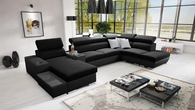 Produktbild von Wohnlandschaft in U-Form PERS V Ecksofa Eckcouch mit Schlaffunktion (Schwarz SAWANA 14 + schwarzes Kunstleder, Links)