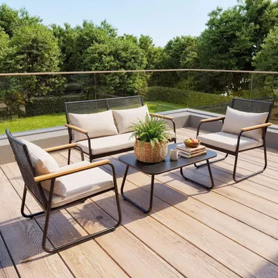 Produktbild von HOMAVO Gartenlounge-Set, 4-Sitzer Rattan-Sofa, dicke Sitzkissen, abnehmbare Rückenlehne, hochbelastbarer Metallrahmen Hellgrau