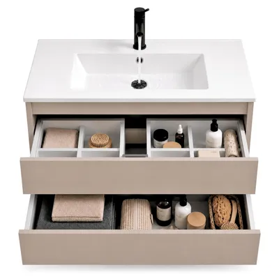 Produktbild von paplinskimoebel - Badezimmerschrank CALPE 60 mit Waschbecken, Hängeschrank, 2 Schubladen Soft-Close, Veranstalter, Kaschmir, Beige, Keramikwaschbecken