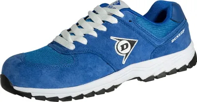 A single blue Dunlop shoe is shown against a white background.