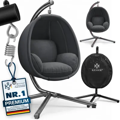 Produktbild von KESSER® Luxe Hängesessel mit Gestell + weicher Sitzkissen, Seitenpolsterung, Sitz- und Rückenkissen Hängekorb Indoor & Outdoor, Garten Schaukel Korb Hängestuhl Stabiler Standfuß, max. 150 kg