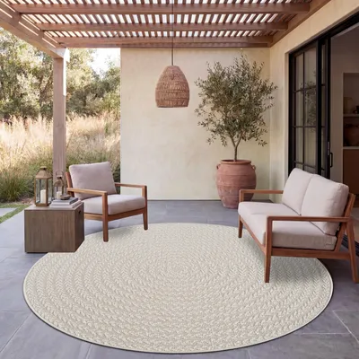 Produktbild von Paco Home Outdoor Teppich Wetterfest Balkon Wohnzimmer Boho Geometrisch Sisal Einfarbig 160 cm rund, KI-generiertes Bild